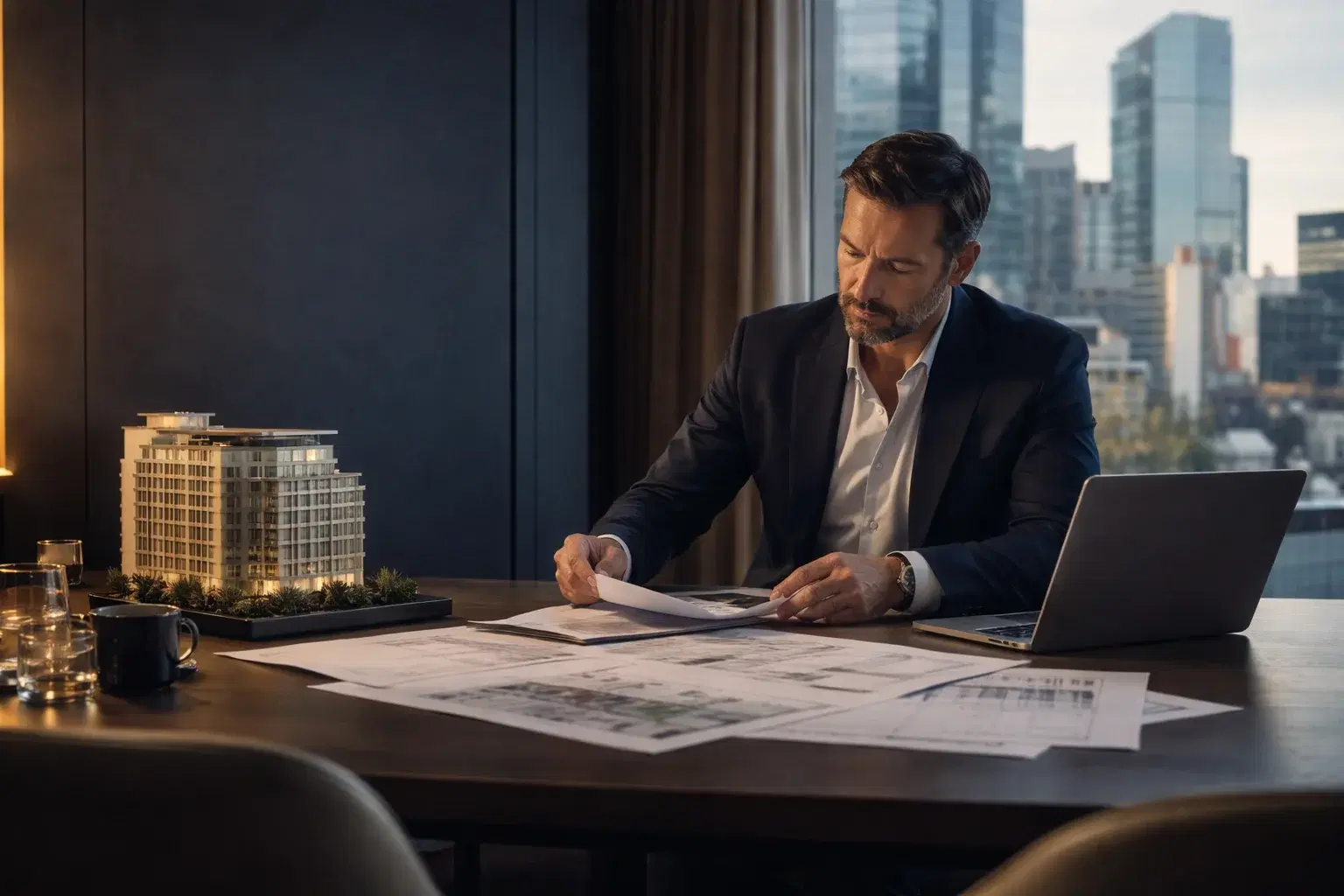 Business owner reviewing plans at a desk in a modern office.