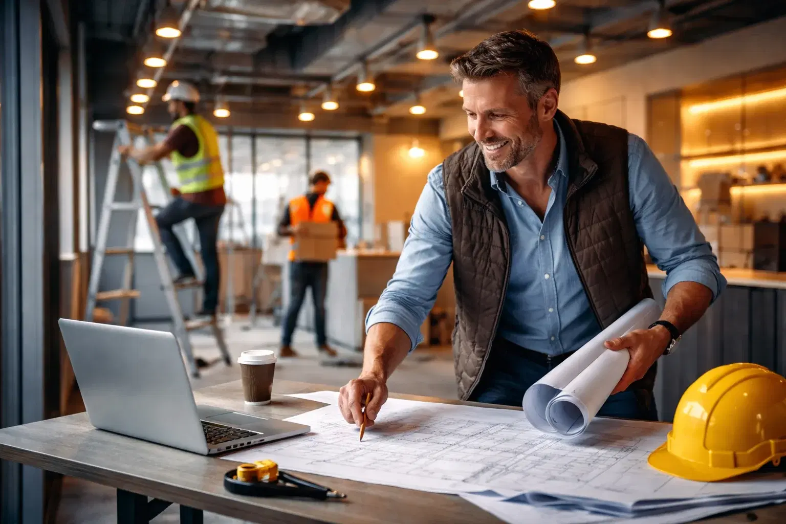 Business owner reviewing plans during a workspace improvement project.